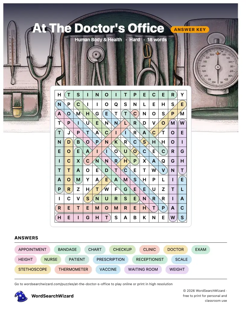 At The Doctor's Office word search answer key, all 18 words marked