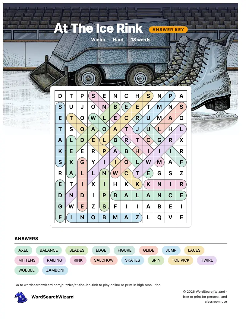At The Ice Rink word search answer key, all 18 words marked