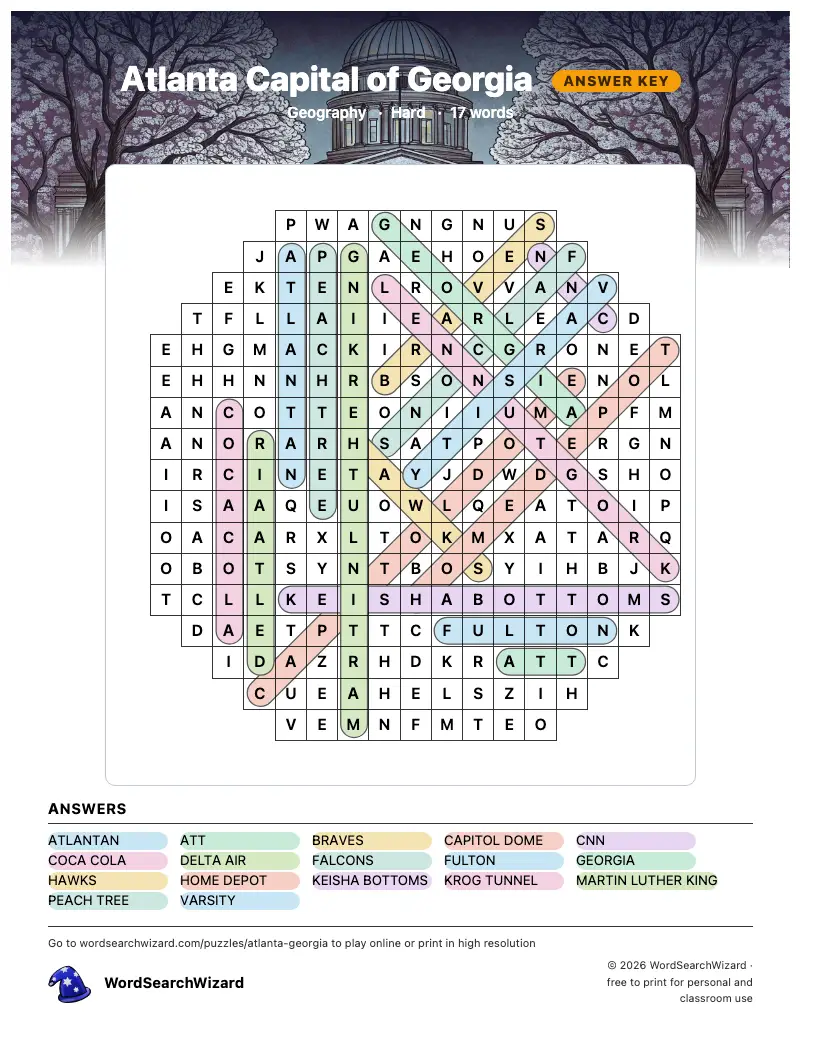 Atlanta Capital of Georgia word search answer key, all 17 words marked