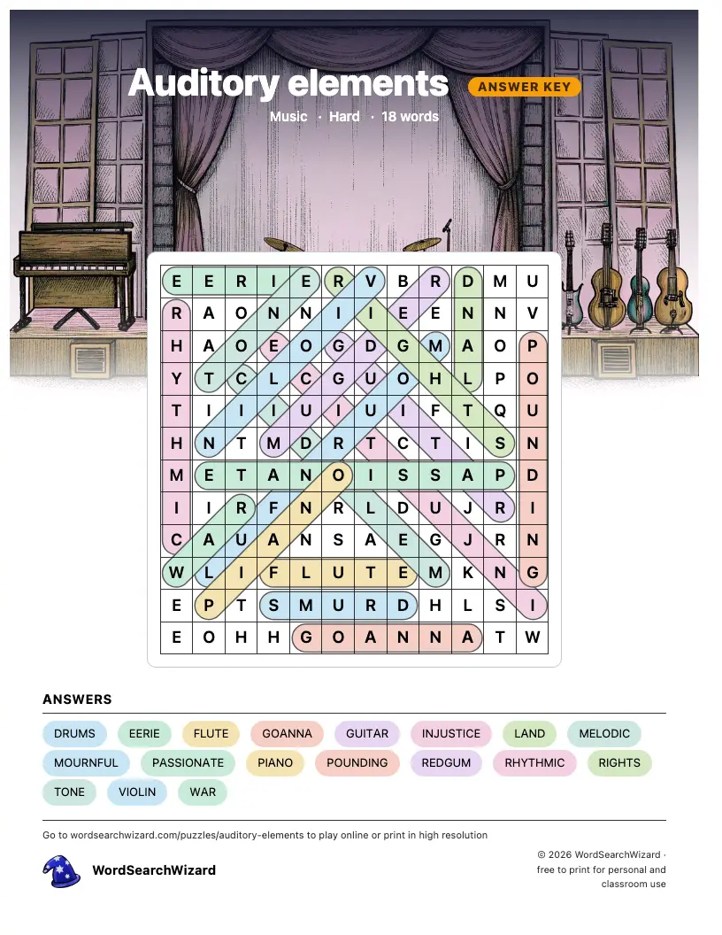 Auditory elements word search answer key, all 18 words marked