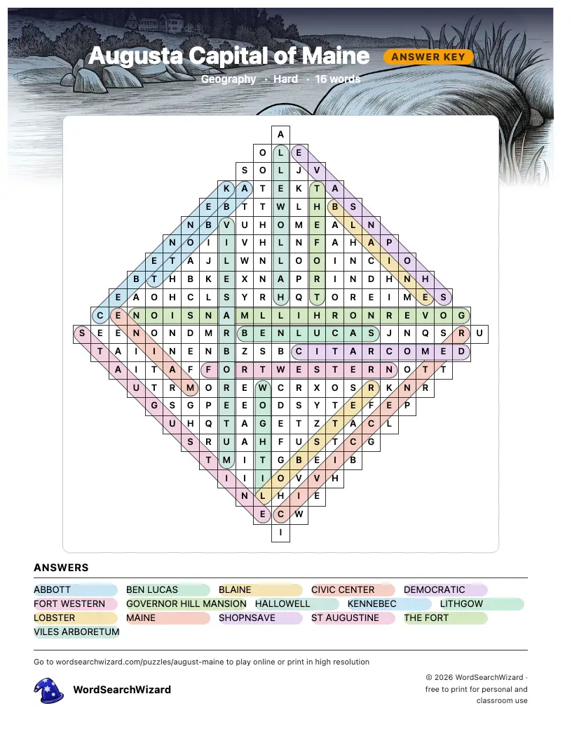 Augusta Capital of Maine word search answer key, all 16 words marked