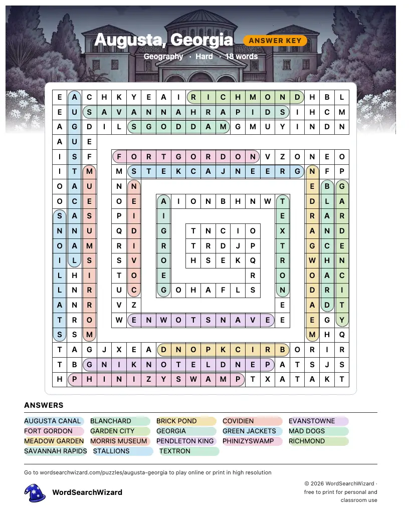 Augusta, Georgia word search answer key, all 18 words marked