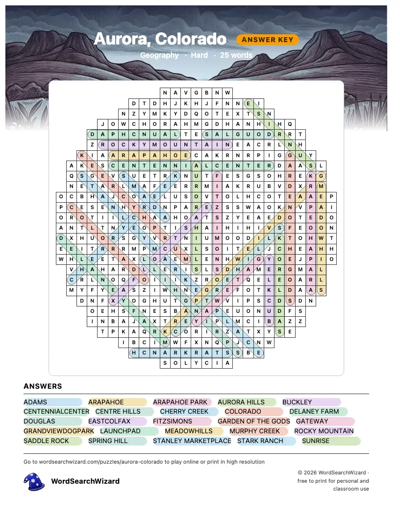Aurora, Colorado word search answer key, all 25 words marked