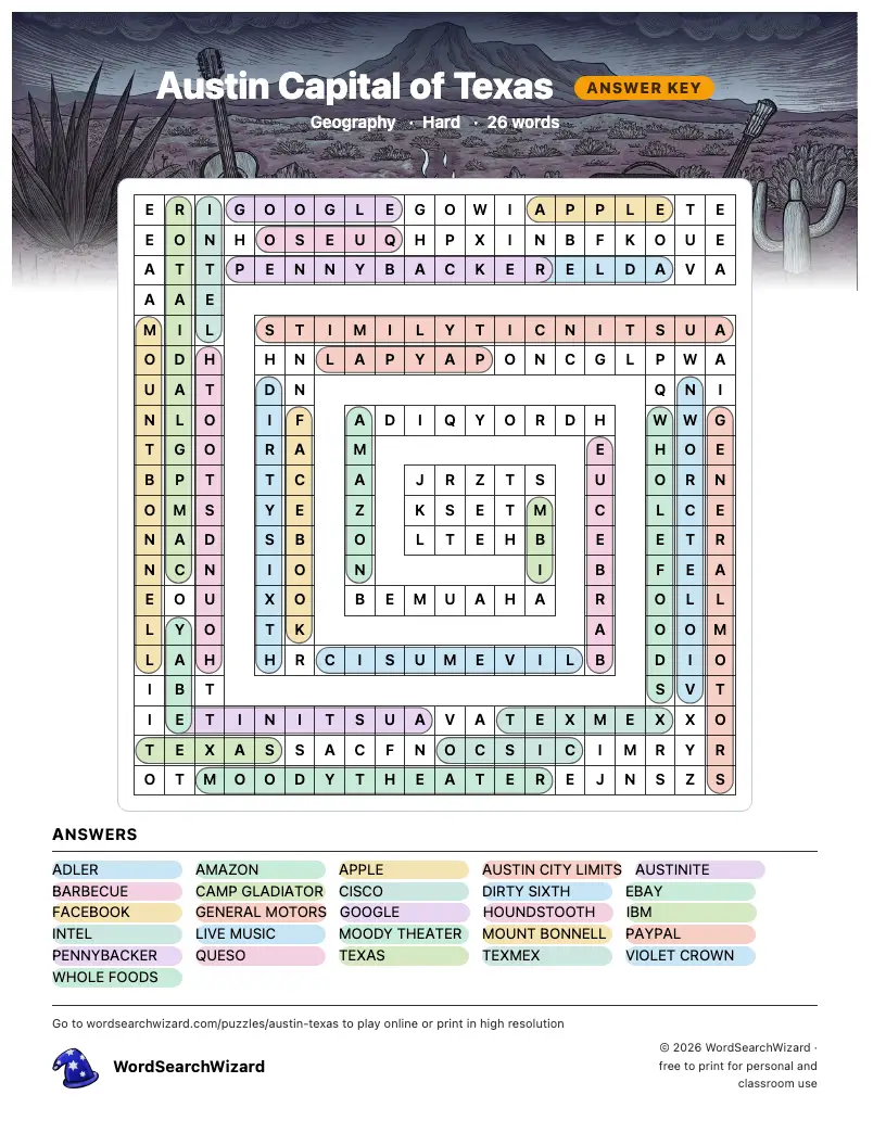 Austin Capital of Texas word search answer key, all 26 words marked