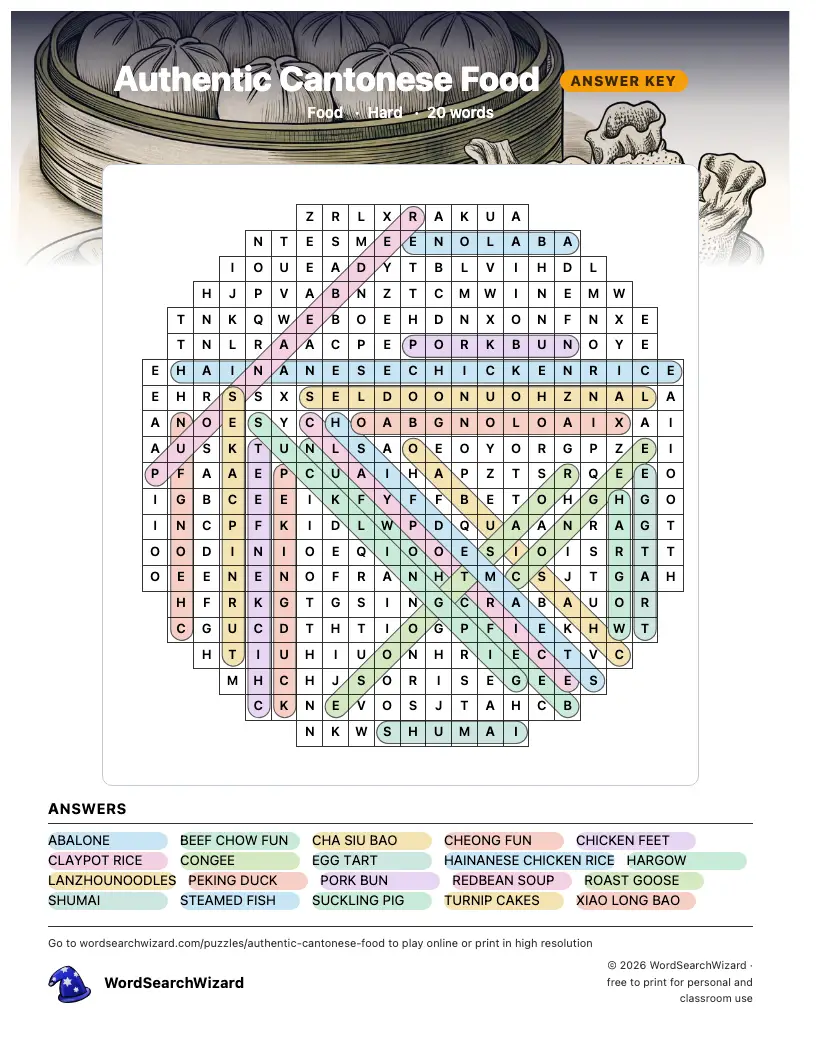 Authentic Cantonese Food word search answer key, all 20 words marked