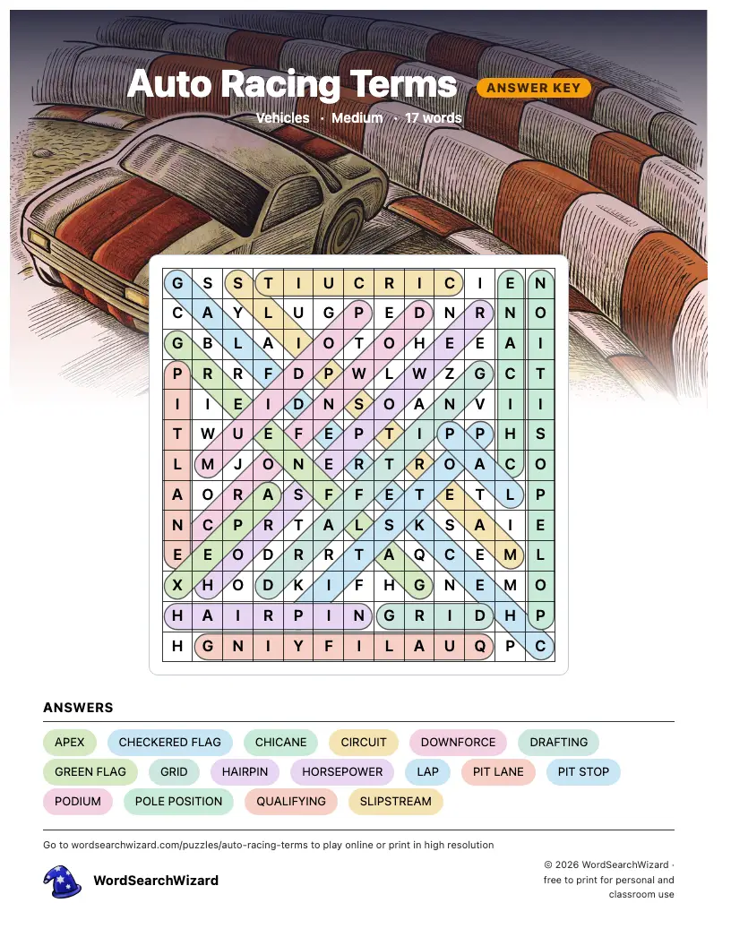 Auto Racing Terms word search answer key, all 17 words marked