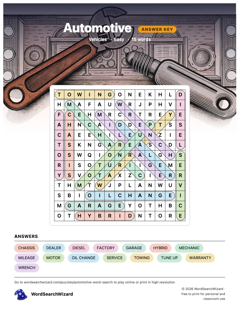 Automotive word search answer key, all 15 words marked