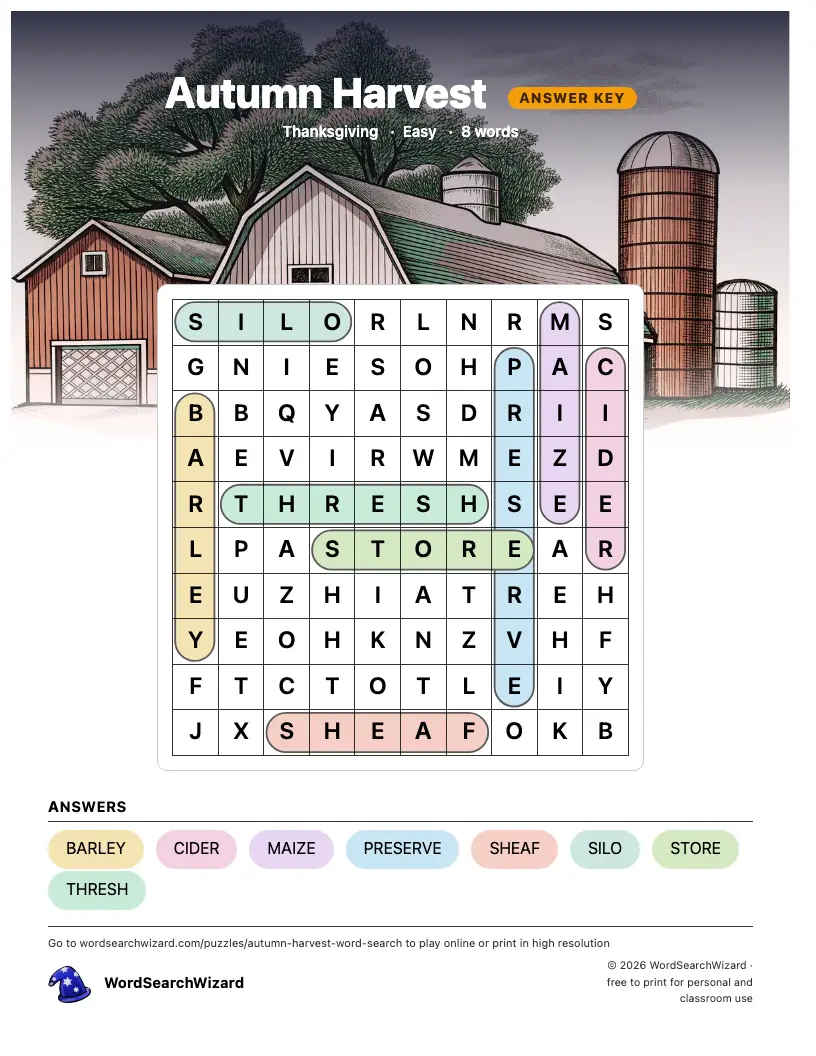 Autumn Harvest word search answer key, all 8 words marked