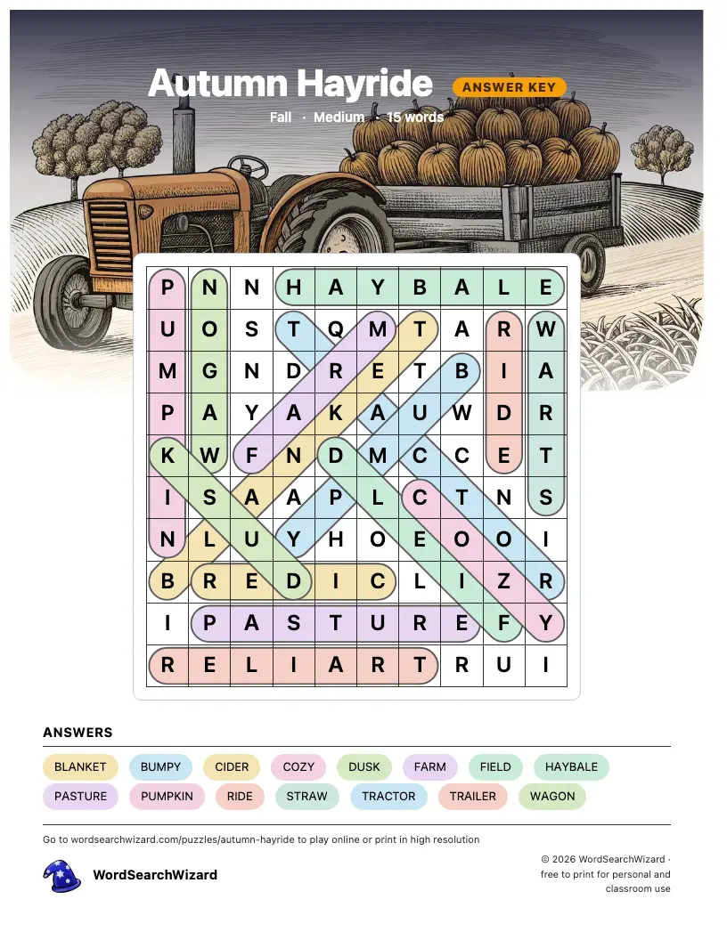 Autumn Hayride word search answer key, all 15 words marked