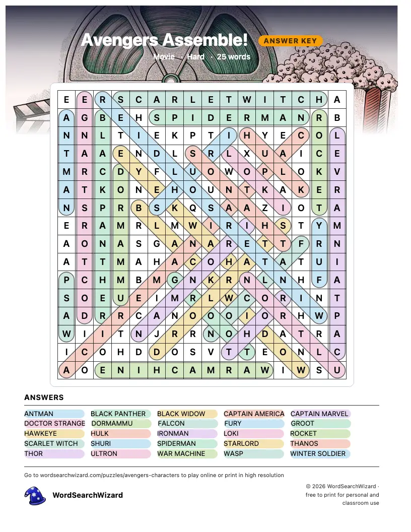 Avengers Assemble! word search answer key, all 25 words marked