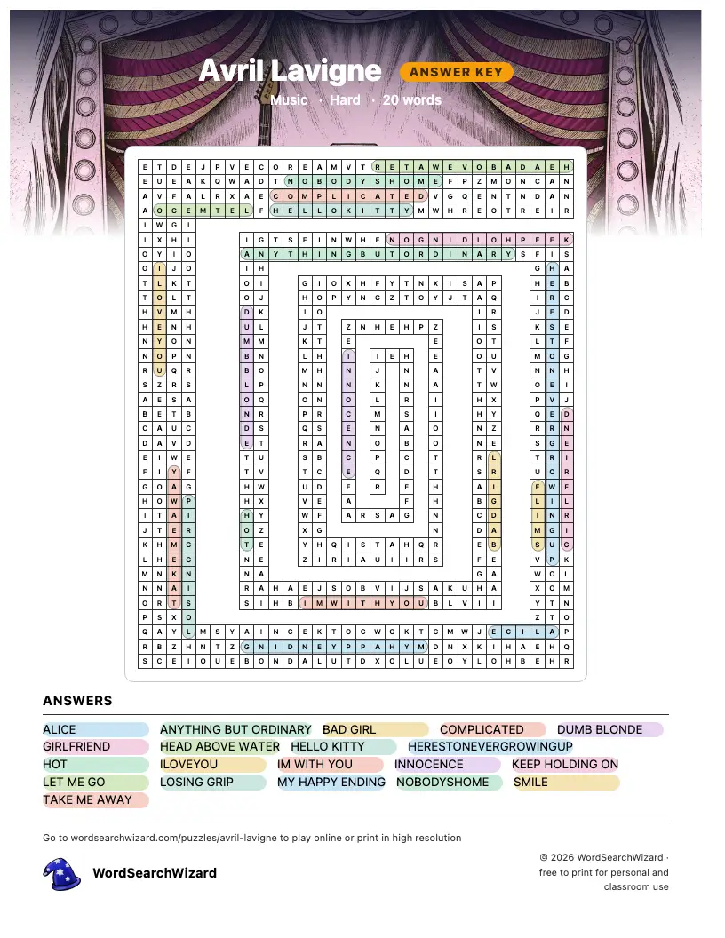 Avril Lavigne word search answer key, all 20 words marked