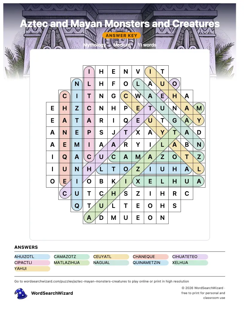 Aztec and Mayan Monsters and Creatures word search answer key, all 11 words marked