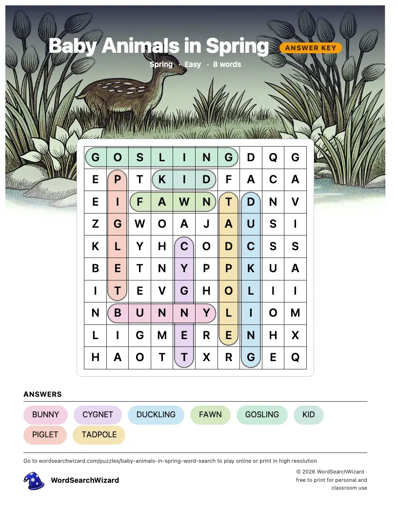 Baby Animals in Spring word search answer key, all 8 words marked