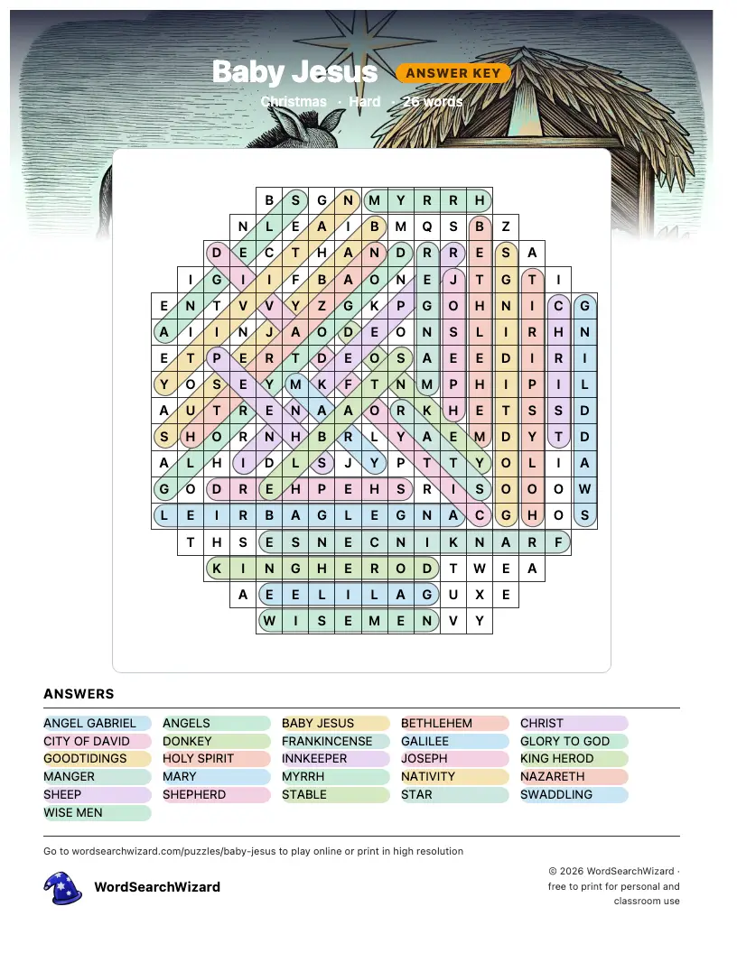 Baby Jesus word search answer key, all 26 words marked