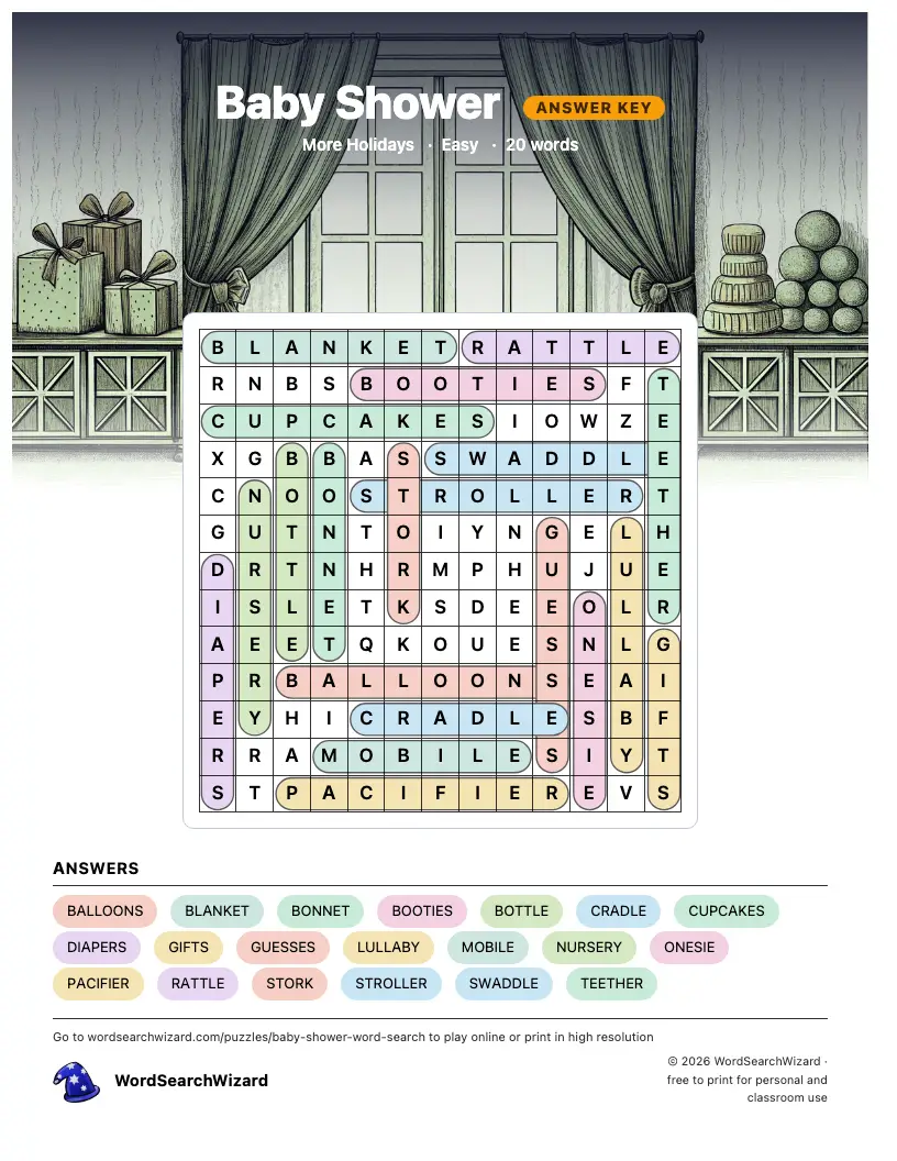 Baby Shower word search answer key, all 20 words marked