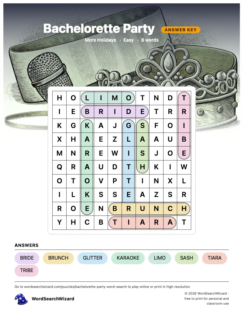 Bachelorette Party word search answer key, all 8 words marked