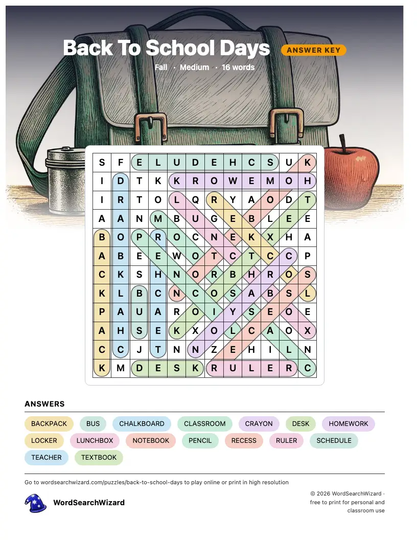 Back To School Days word search answer key, all 16 words marked