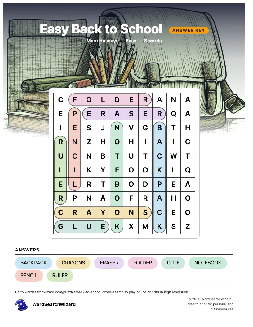Easy Back to School word search answer key, all 8 words marked