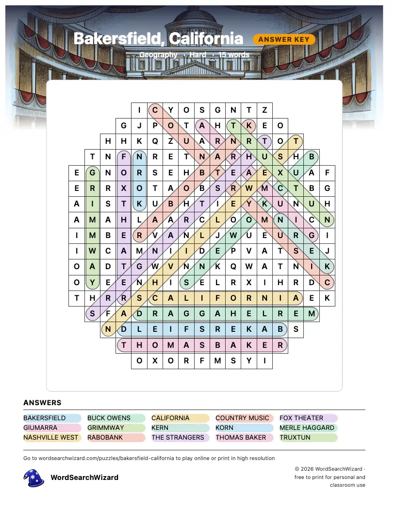 Bakersfield, California word search answer key, all 15 words marked