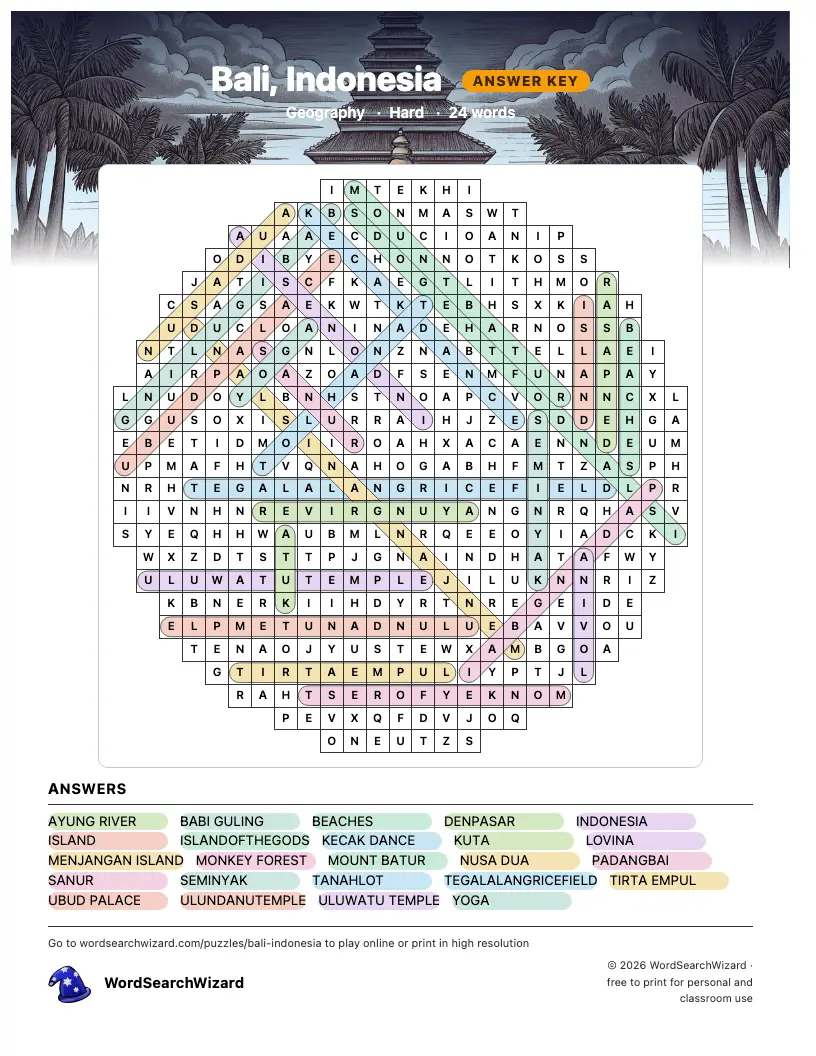 Bali, Indonesia word search answer key, all 24 words marked