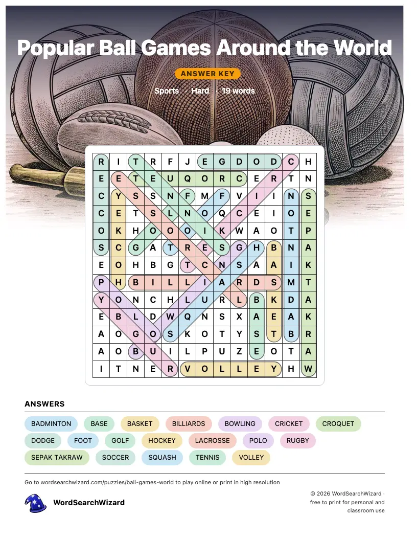 Popular Ball Games Around the World word search answer key, all 19 words marked