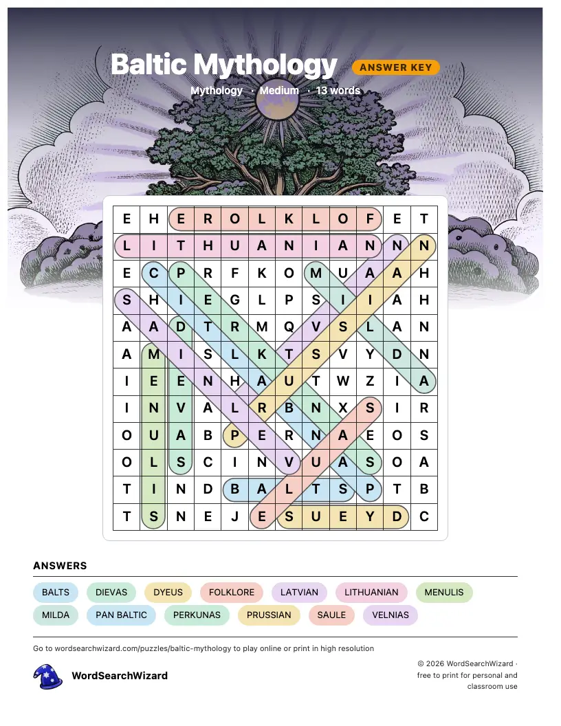Baltic Mythology word search answer key, all 13 words marked