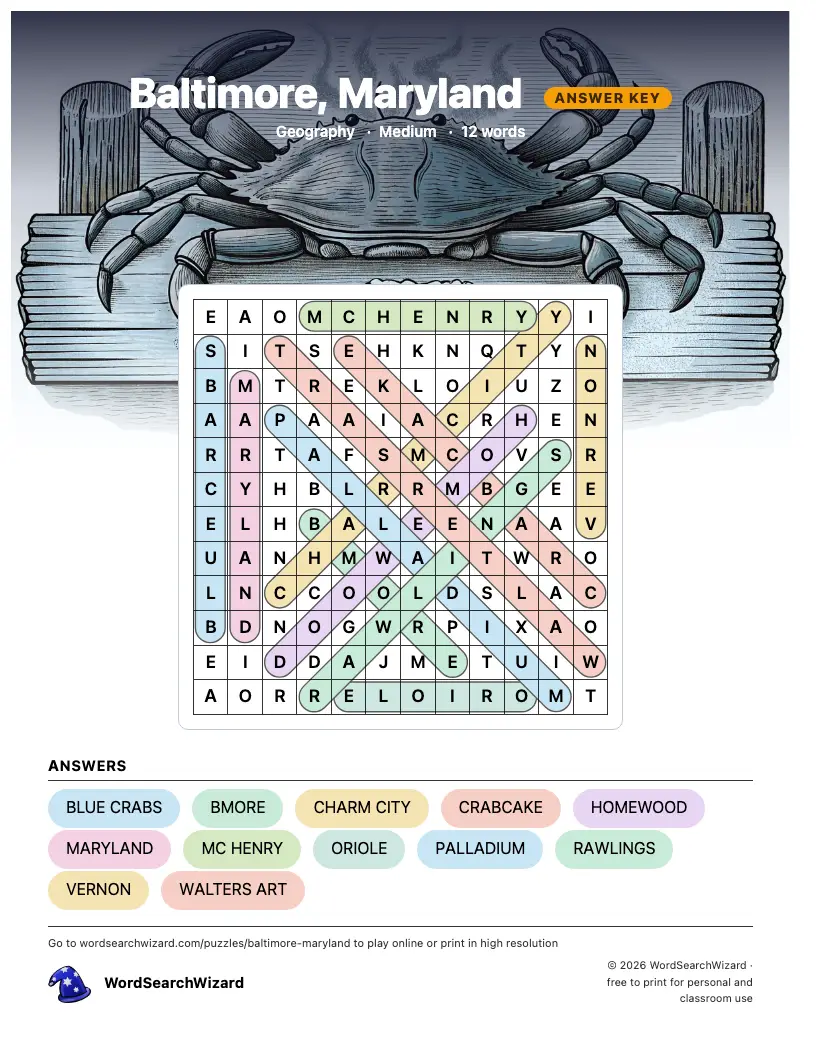 Baltimore, Maryland word search answer key, all 12 words marked