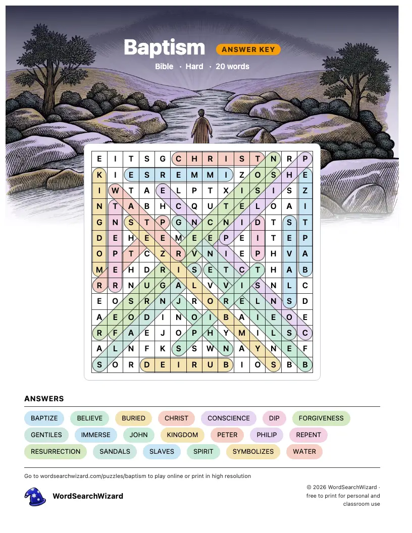 Baptism word search answer key, all 20 words marked