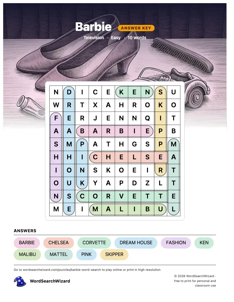 Barbie word search answer key, all 10 words marked