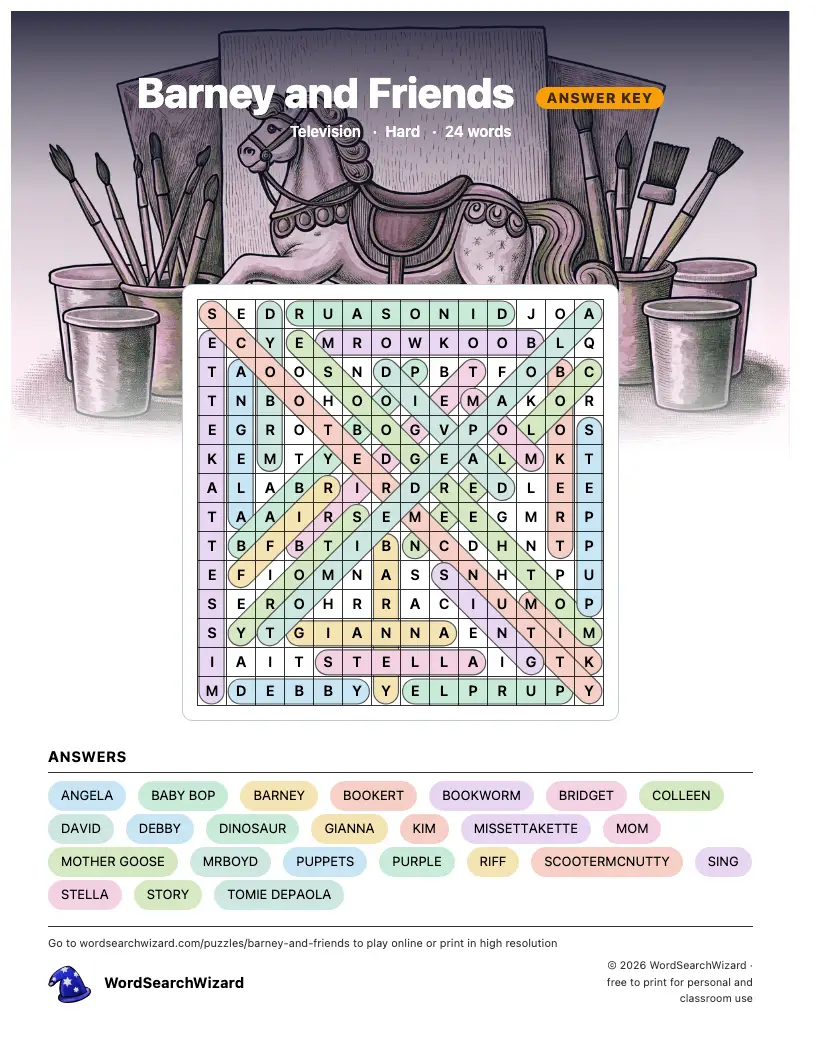 Barney and Friends word search answer key, all 24 words marked