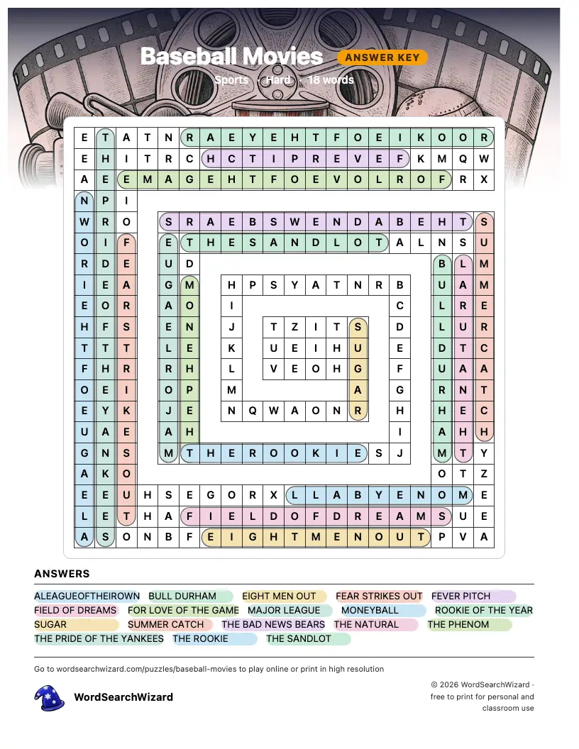 Baseball Movies word search answer key, all 18 words marked