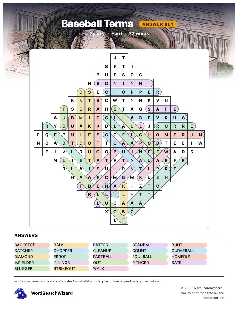 Baseball Terms word search answer key, all 23 words marked