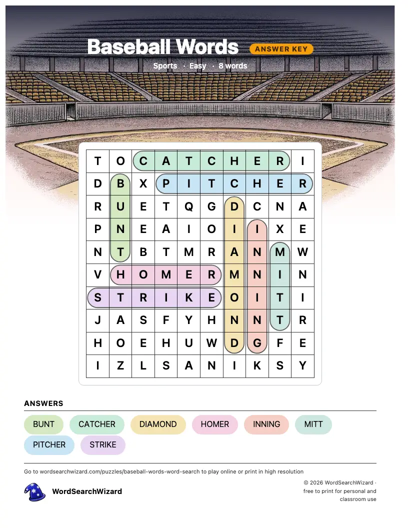 Baseball Words word search answer key, all 8 words marked