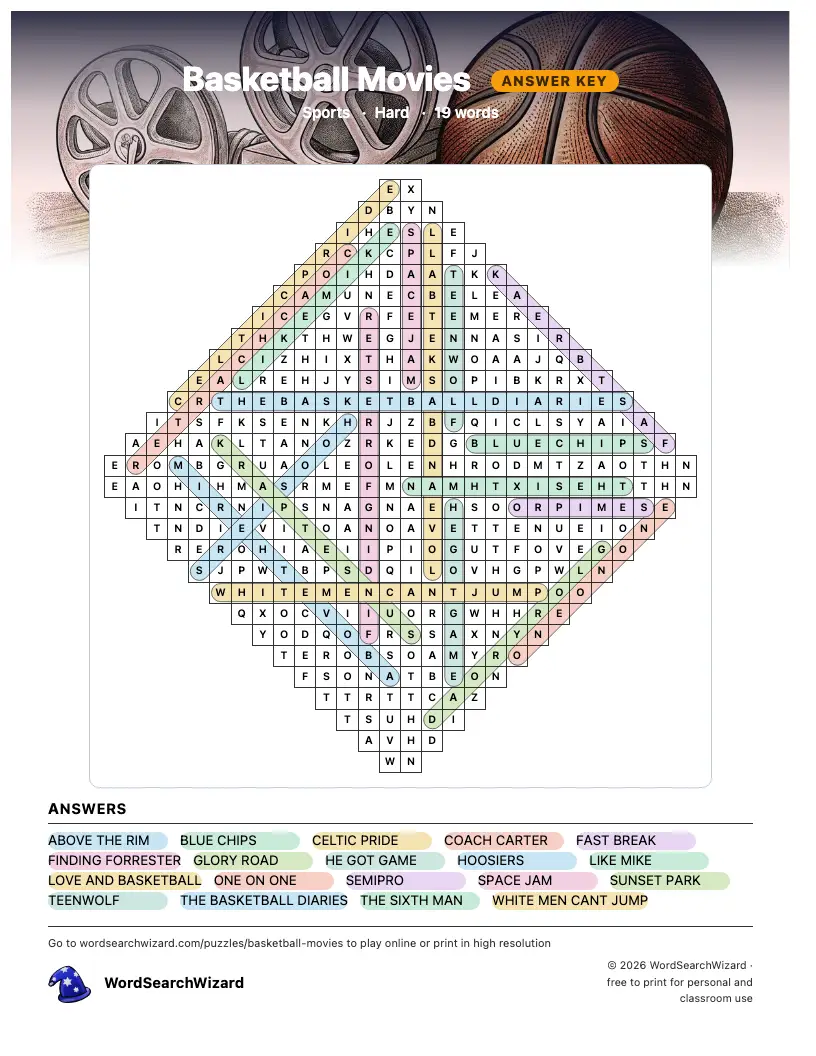Basketball Movies word search answer key, all 19 words marked