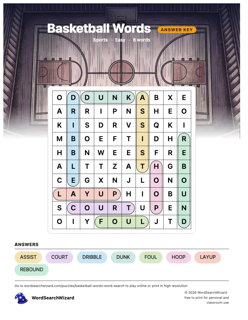 Basketball Words word search answer key, all 8 words marked