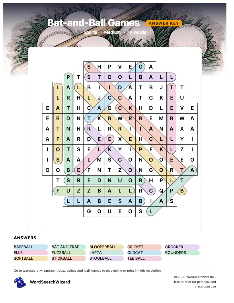 Bat-and-Ball Games word search answer key, all 14 words marked