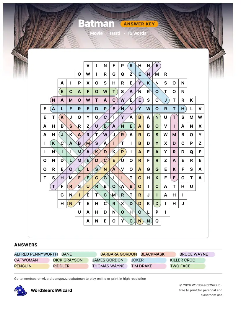 Batman word search answer key, all 15 words marked