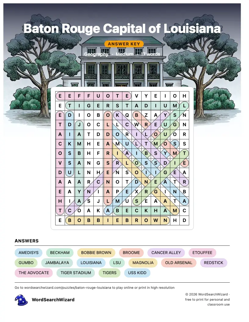 Baton Rouge Capital of Louisiana word search answer key, all 17 words marked
