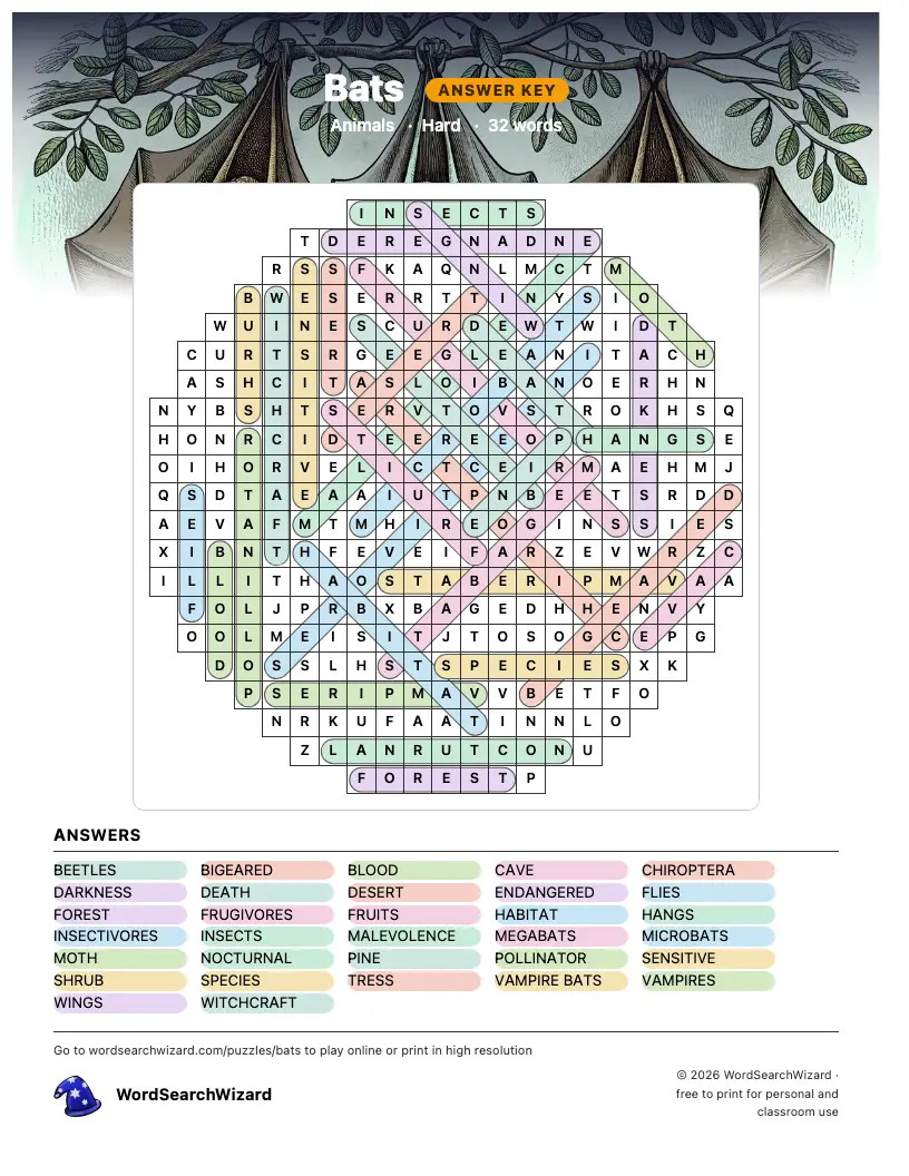 Bats word search answer key, all 32 words marked