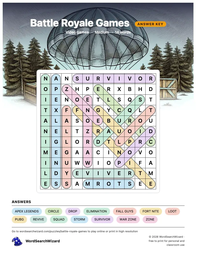 Battle Royale Games word search answer key, all 14 words marked