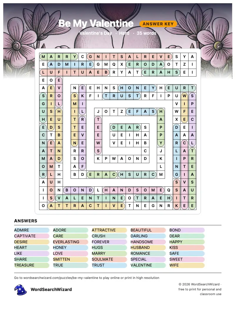 Be My Valentine word search answer key, all 35 words marked