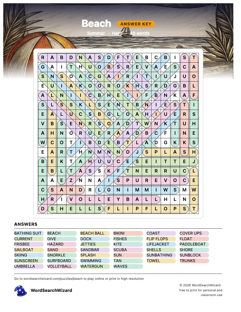 Beach word search answer key, all 40 words marked