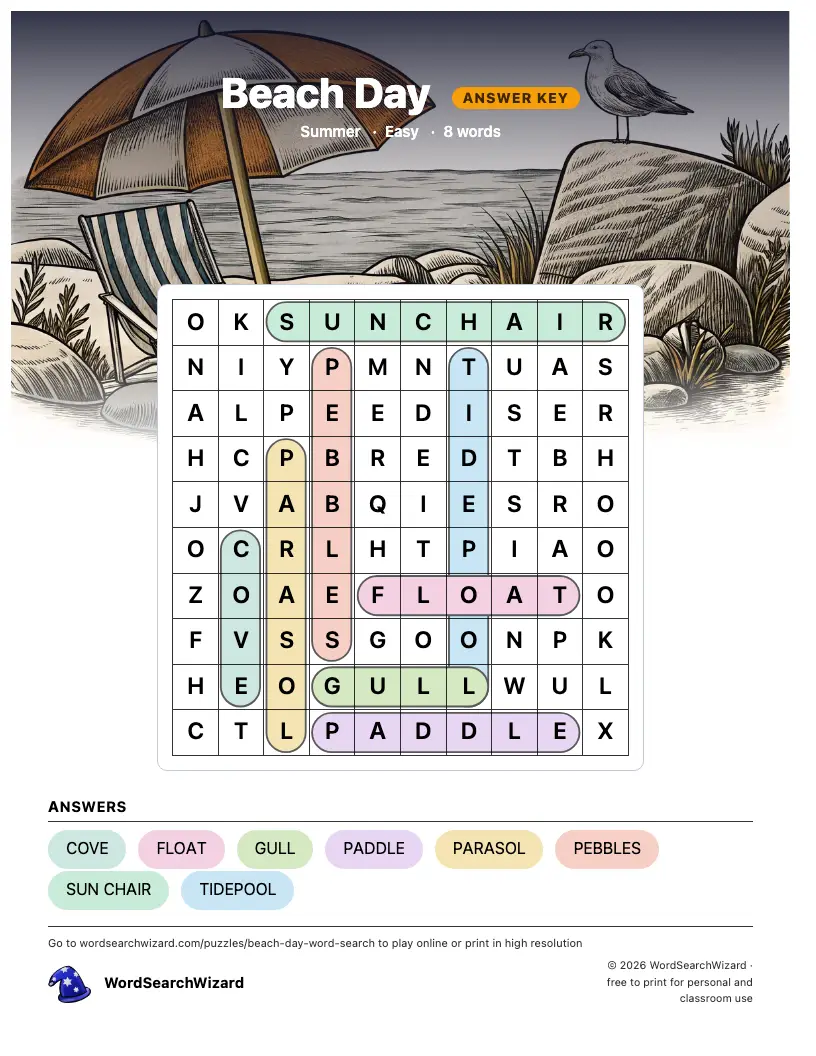 Beach Day word search answer key, all 8 words marked