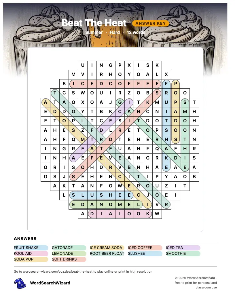 Beat The Heat word search answer key, all 12 words marked