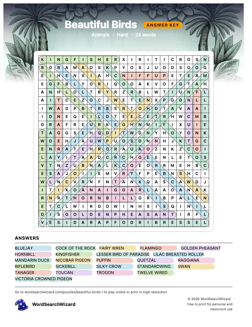 Beautiful Birds word search answer key, all 24 words marked