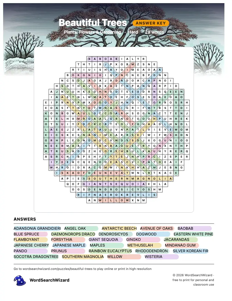 Beautiful Trees word search answer key, all 29 words marked