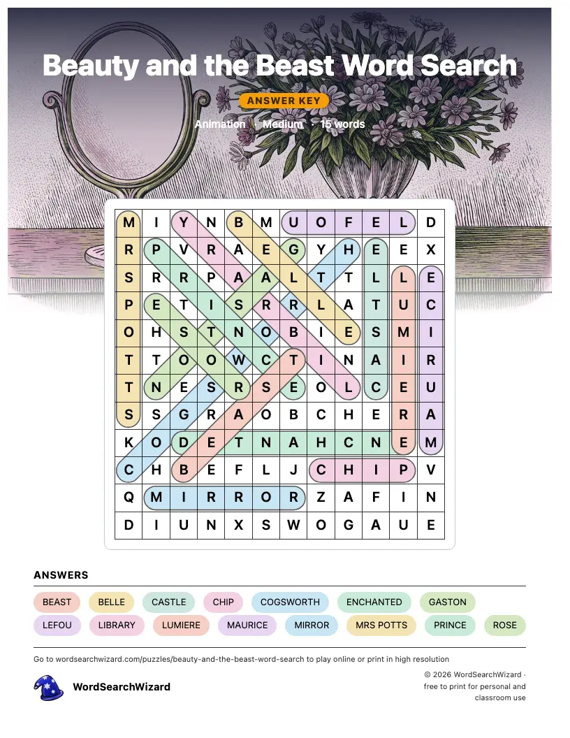 Beauty and the Beast word search answer key, all 15 words marked