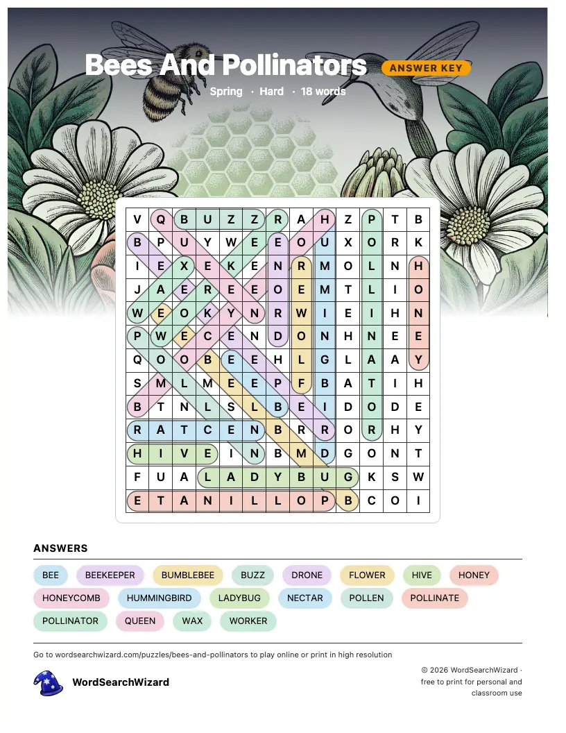 Bees And Pollinators word search answer key, all 18 words marked