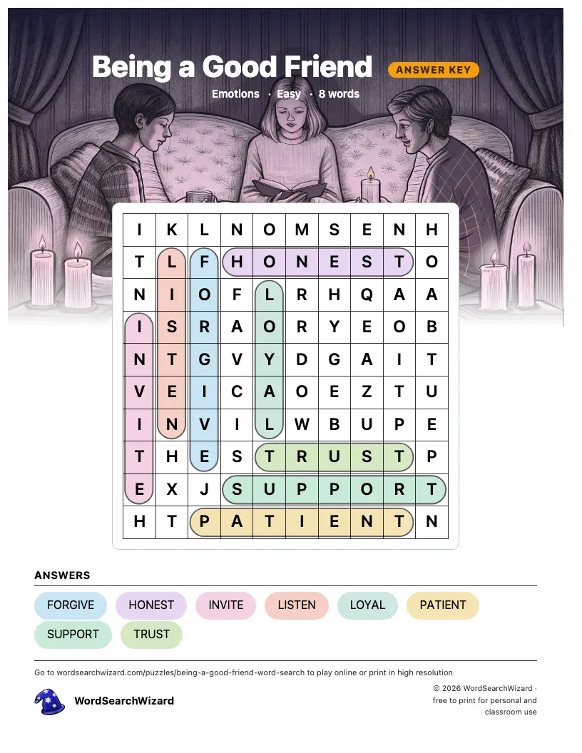 Being a Good Friend word search answer key, all 8 words marked