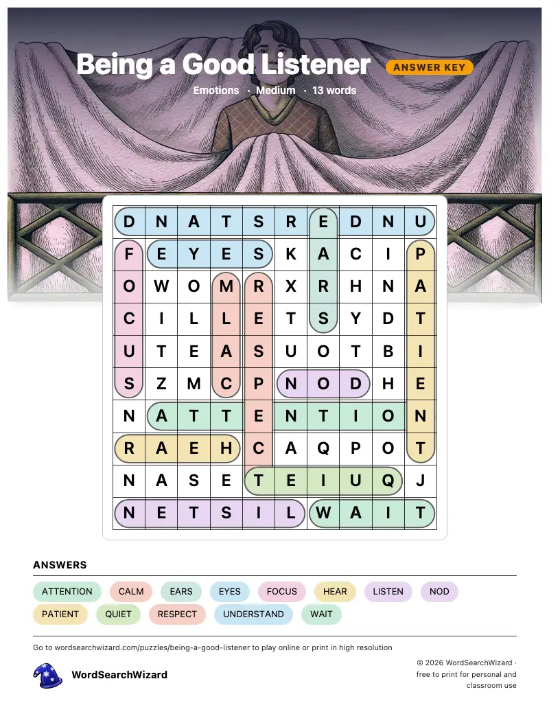 Being a Good Listener word search answer key, all 13 words marked